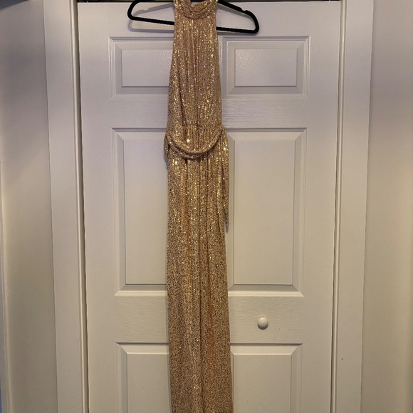 Mac Duggal Gold Sequins Halter Dress Backless Belted Maxi Formal Long Size 4 - Picture 5 of 7